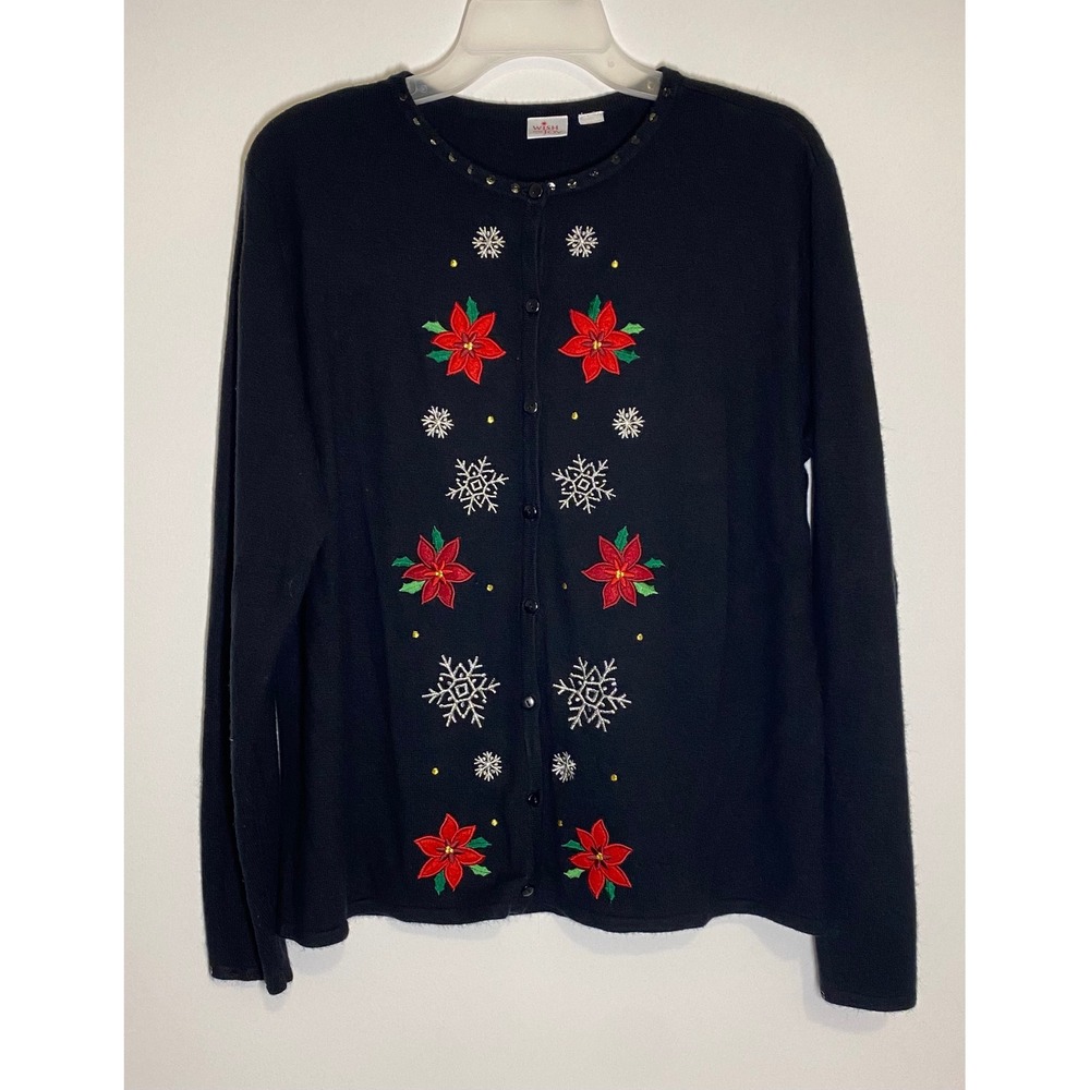 Wish For Joy Black Holiday Cardigan Poinsettia Snowflake Embroidered Sweater XL